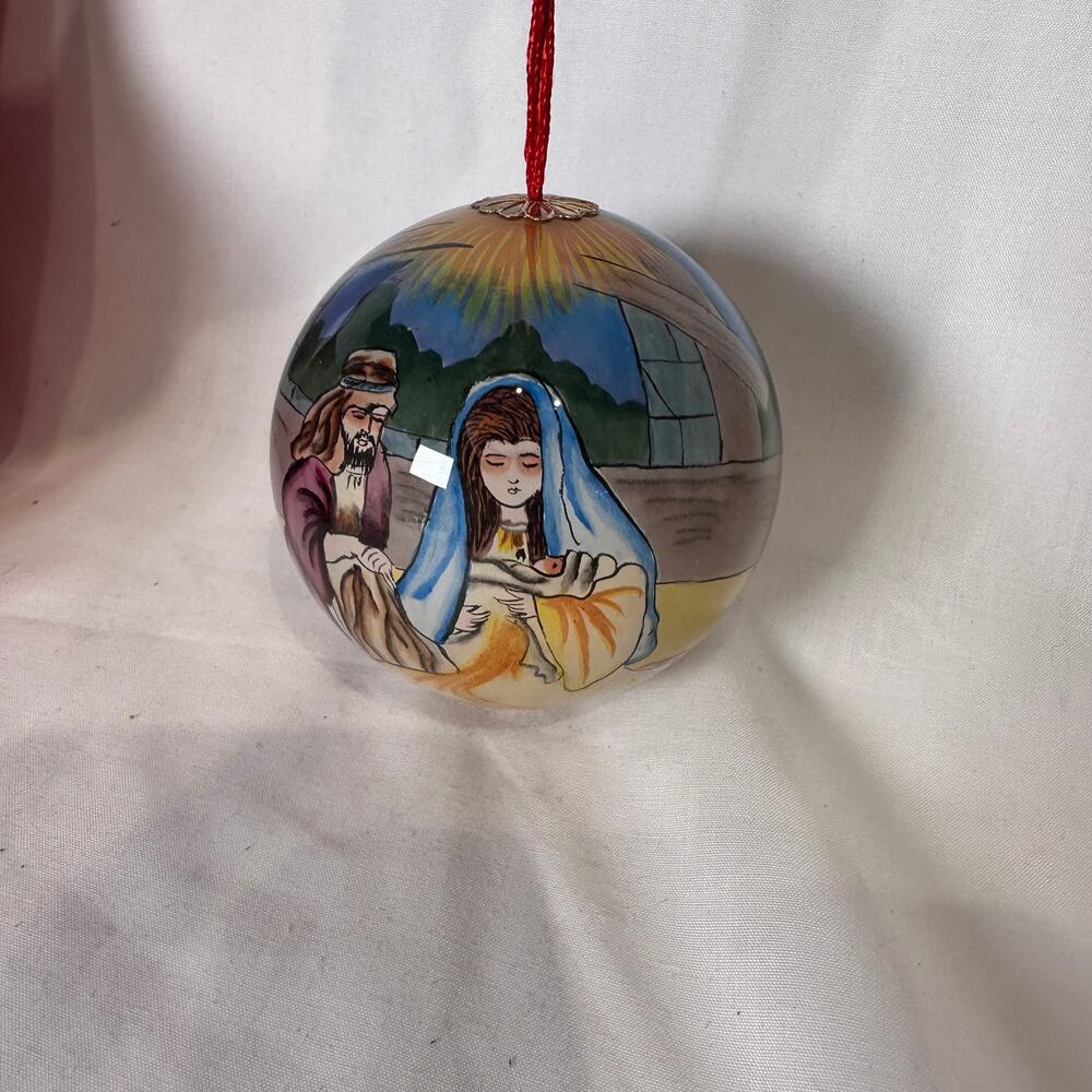 Vintage New in Box Reverse hand painted glass Christmas Ornament Nativity Scene